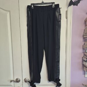 MEGAN|RENEE Fly Girl Black Jogger Pants w Faux Leather Side Stripes & Ankle Tie